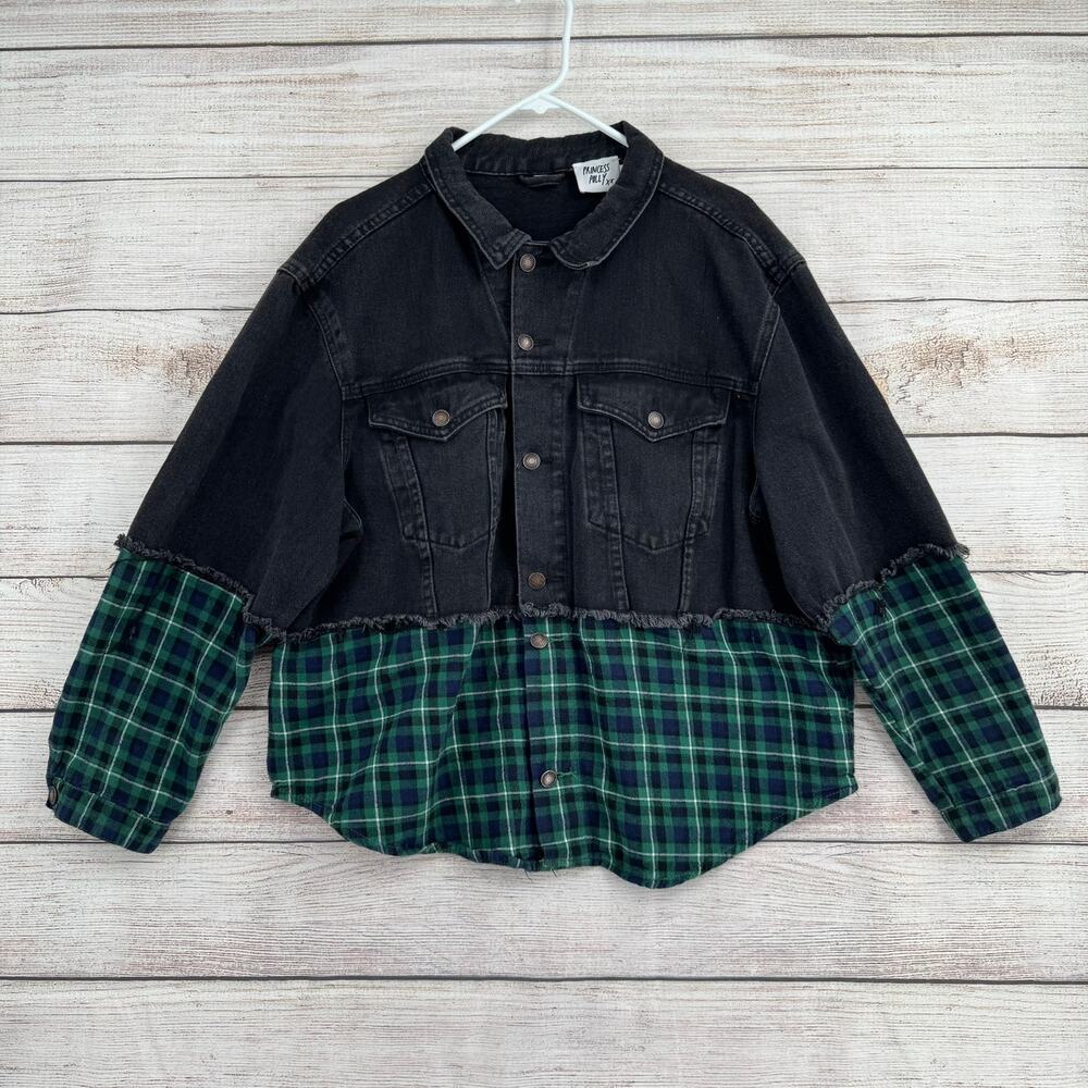Princess Polly Flannel Shirt Denim Jacket Womens‎ M/L Black Blue Green Plaid